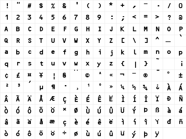 Optical B Bold  glyph index