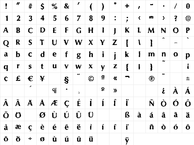 ColumbiaRandom-Xbold Regular  glyph index