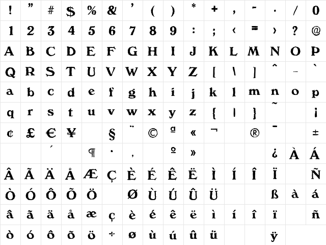 VeronaAntique Bold  glyph index