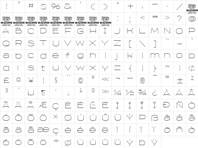 Capoon PERSONAL USE Thin  glyph index