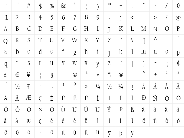 SteepOldstyle Regular  glyph index