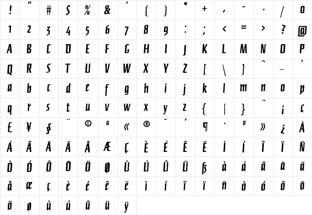 FFNewberlinBoldRough Regular  glyph index