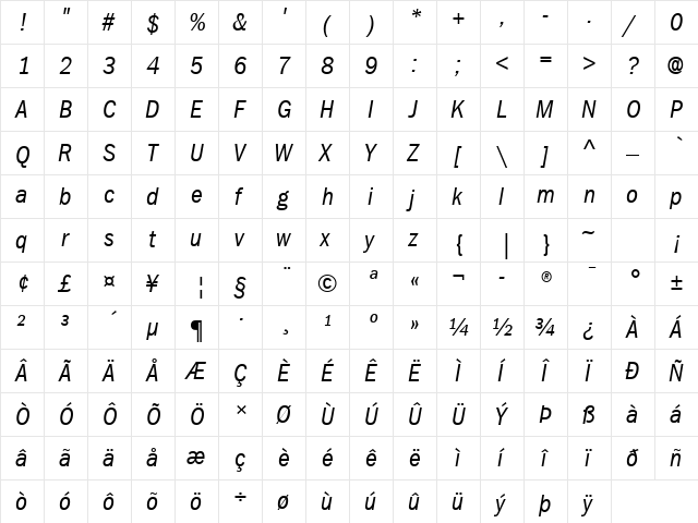 ITC Franklin Gothic LT Com Book Condensed Italic  glyph index