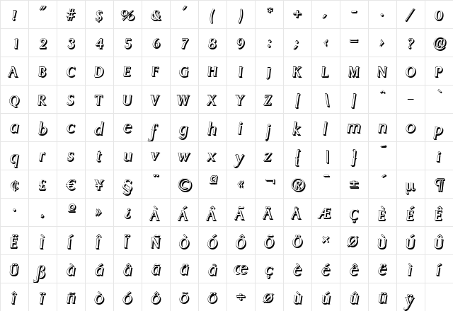 DragonShadow Italic  glyph index