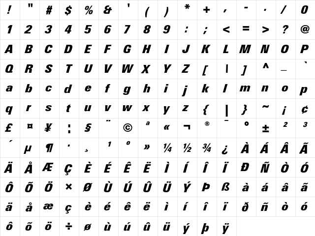 LinotypeUnivers CondExtraBlackIt  glyph index