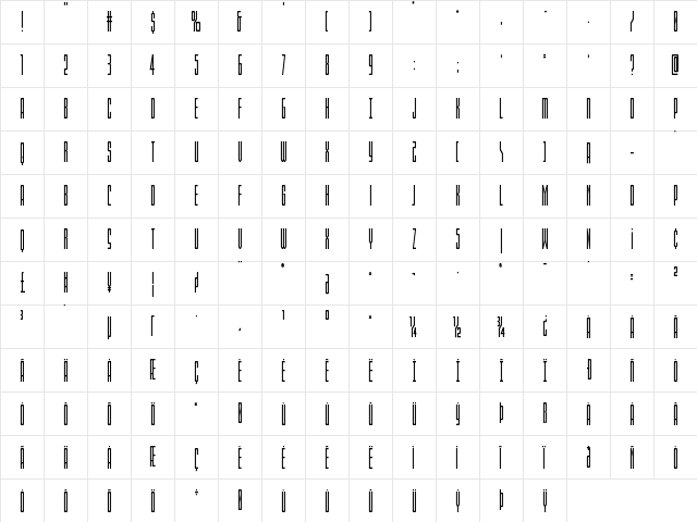 Blue Cobra Condensed Regular  glyph index