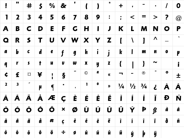 Arta Std Bold Italic  glyph index