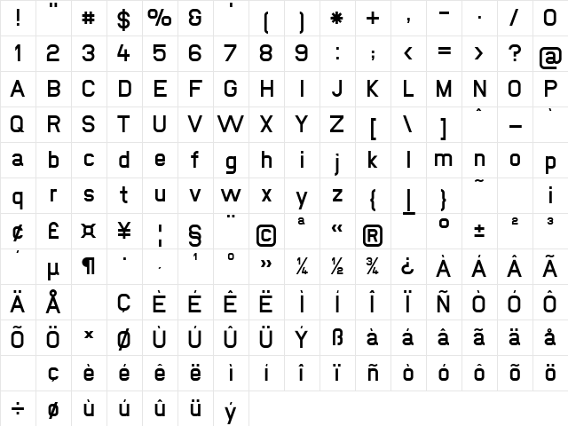 NewMedia Bold  glyph index