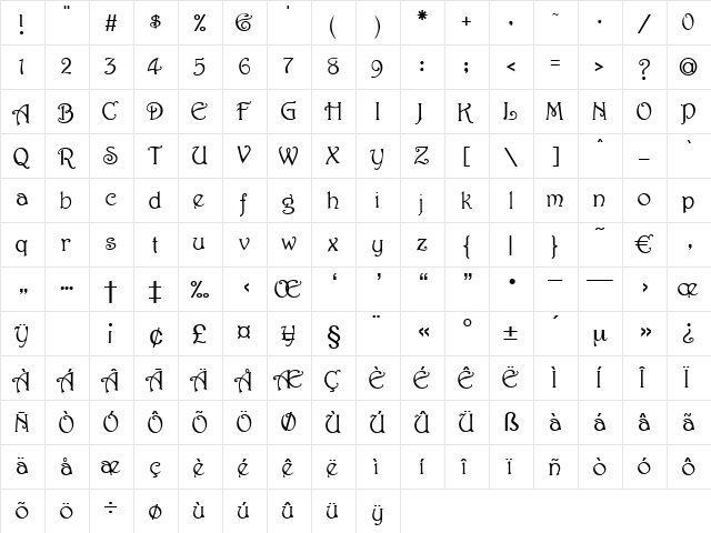 Bouquet Regular  glyph index