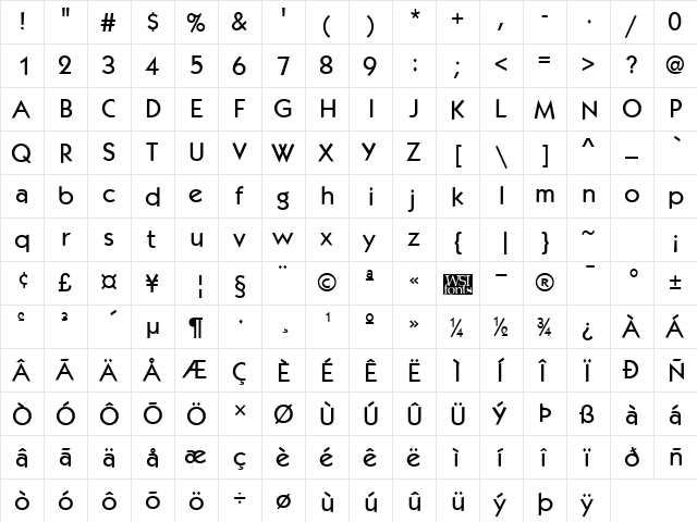 Kabob Regular  glyph index