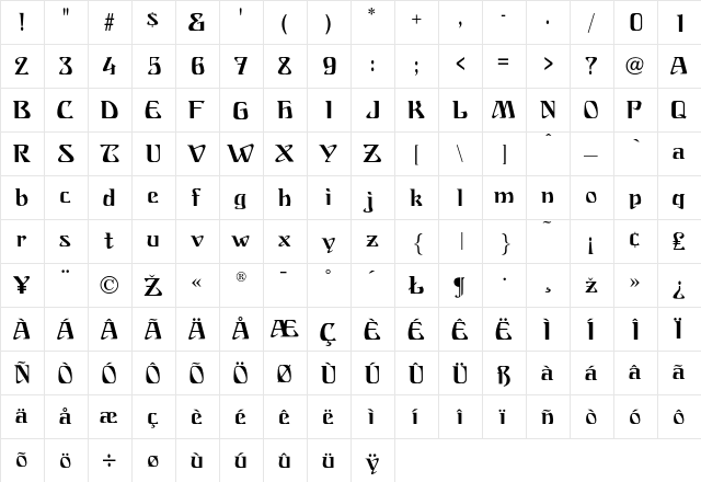 Franconia Regular  glyph index