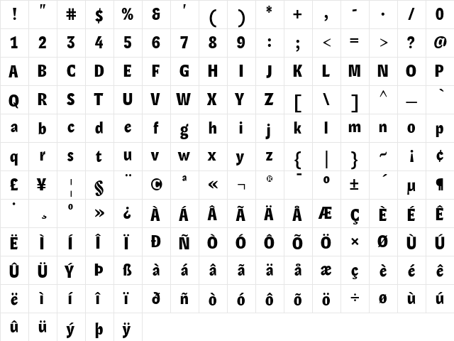 Lexon Headline Regular  glyph index