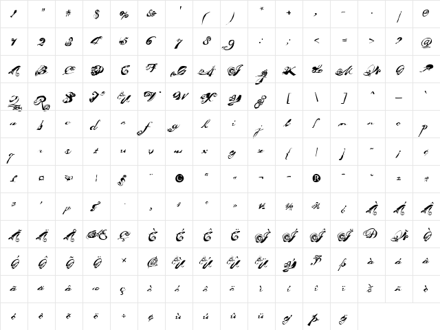 Masterpiece Regular  glyph index