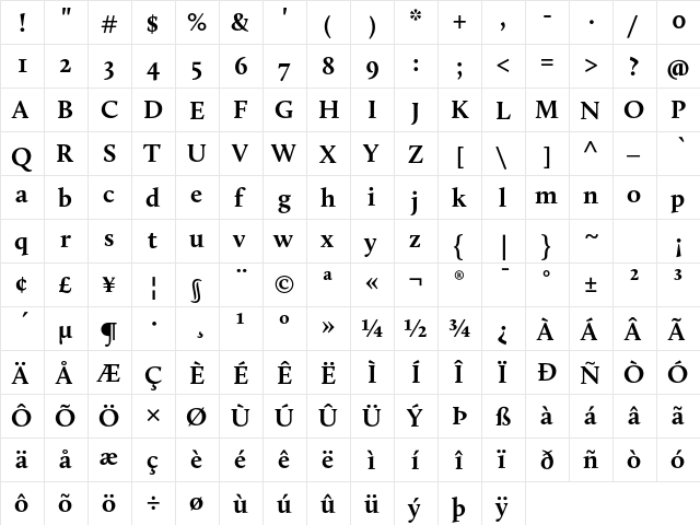 Calluna Bold  glyph index