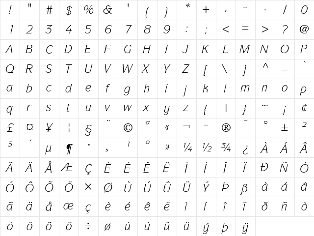 Symbol LT Book Italic  glyph index
