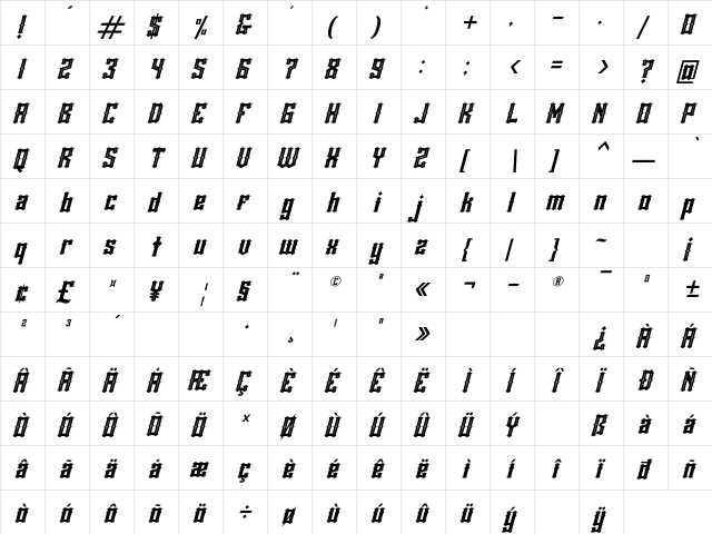 Rackles Italic Regular  glyph index