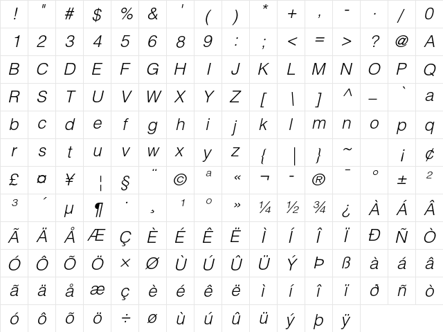 Helvetica LT Std Light Oblique  glyph index