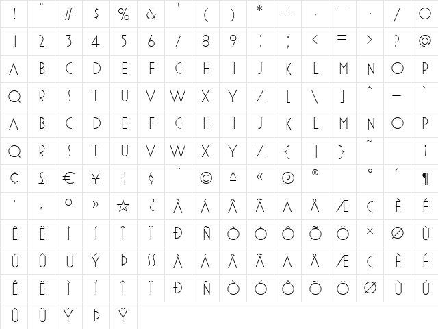 MostraThreeLight Regular  glyph index