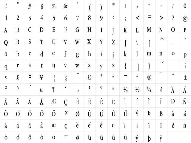 Garamand Condensed Regular  glyph index