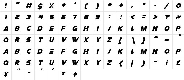 Space Quest Italic  glyph index