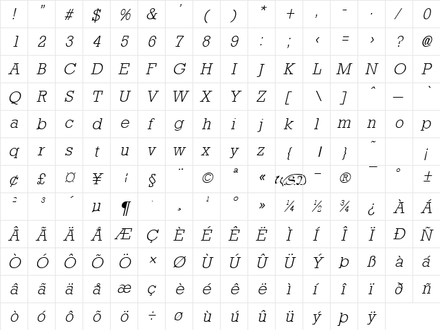 Rockney Light Italic  glyph index