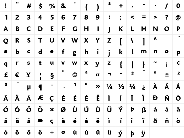 Bliss Regular  glyph index