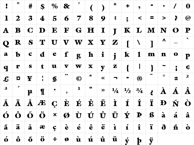 Galliard LT Ultra Regular  glyph index