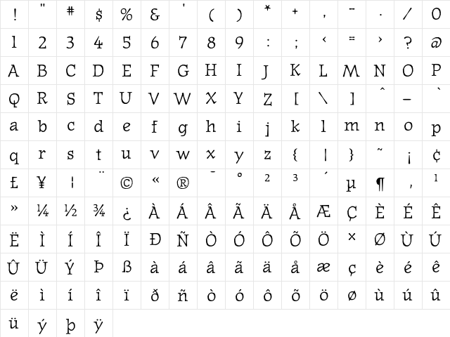 JournalTextLining Regular  glyph index