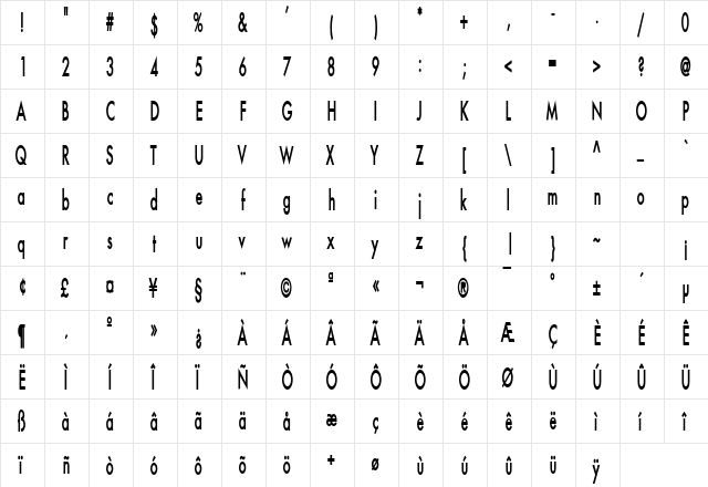 Fusi Thin Bold  glyph index