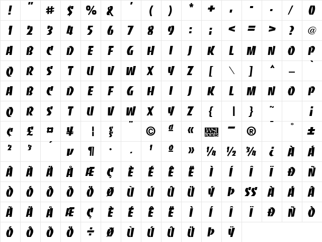 Baccarat Regular  glyph index