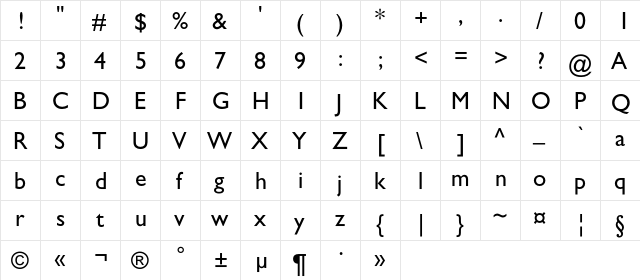 AZGillSansC Regular  glyph index