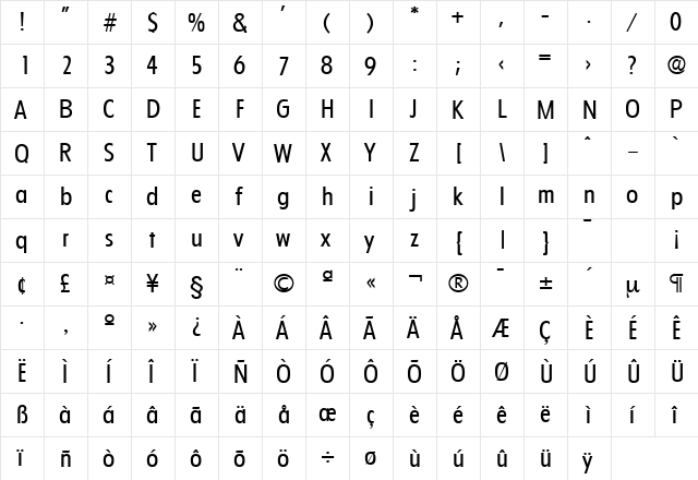 Florida-Serial Regular  glyph index