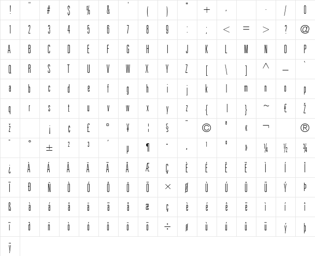 Univers LT 39 ThinUltraCn Regular  glyph index