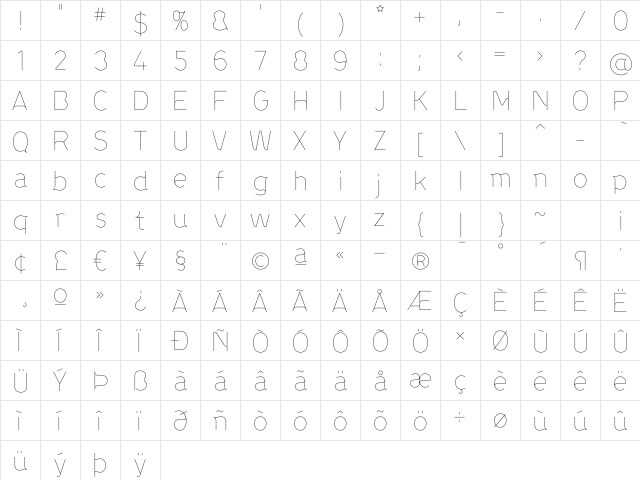 ProgressThin Regular  glyph index