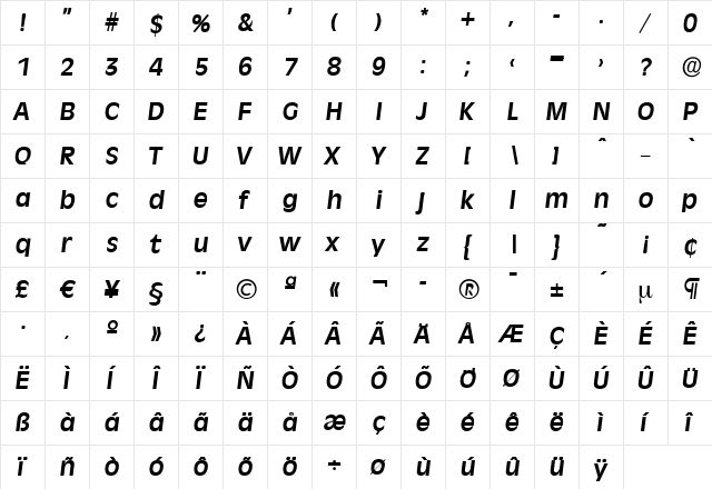 ArthurBecker Bold Italic  glyph index