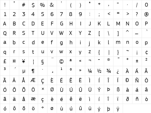 PF Square Sans Pro Regular  glyph index