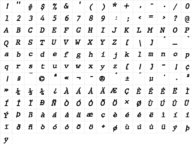 JMH Typewriter mono Italic  glyph index