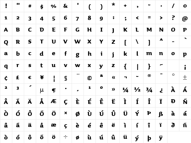 Sauna Swash Bold  glyph index