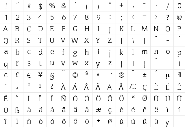 CongressSerial-Light Regular  glyph index