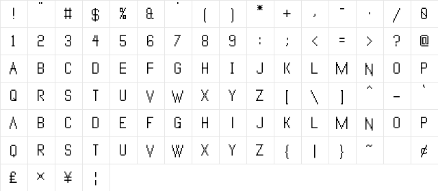 VanadinePix Medium  glyph index
