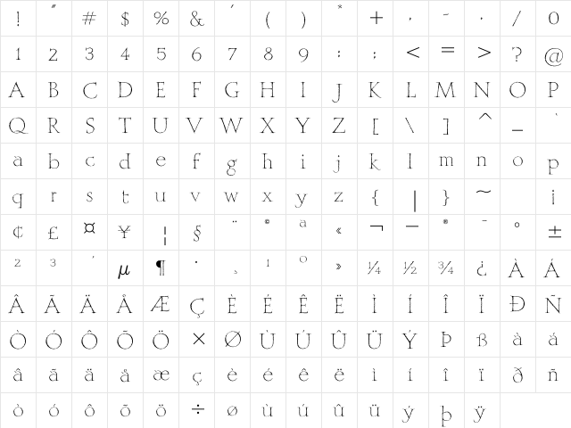 Mithras ITC TT Regular  glyph index