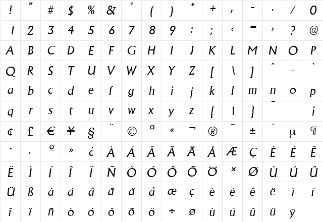 AdelonSerial Italic  glyph index