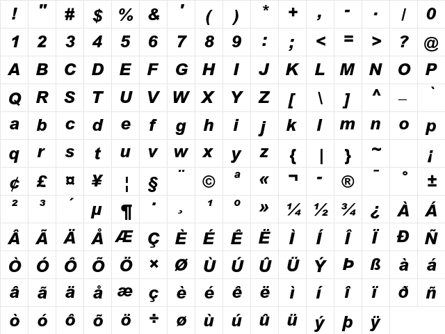 Arial MT Std Extra Bold It  glyph index