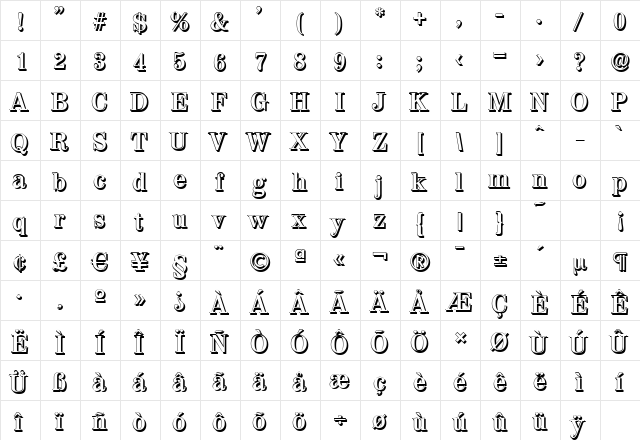 ValenciaShadow Bold  glyph index