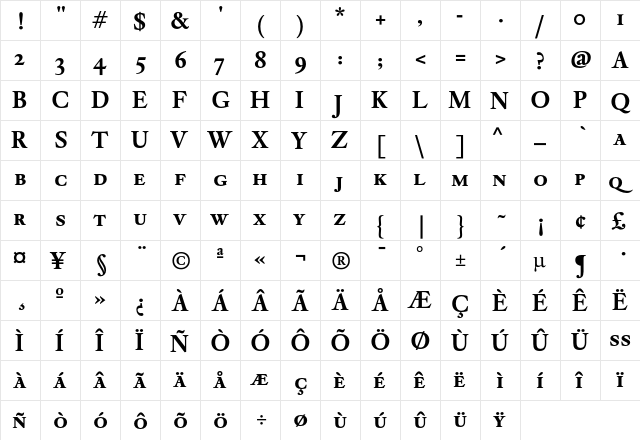 DTL Elzevir T Caps Bold  glyph index