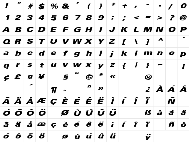 Black Dog 10 Regular  glyph index