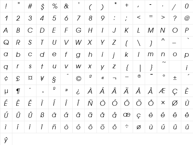 AvantGardeITCTT BookOblique  glyph index