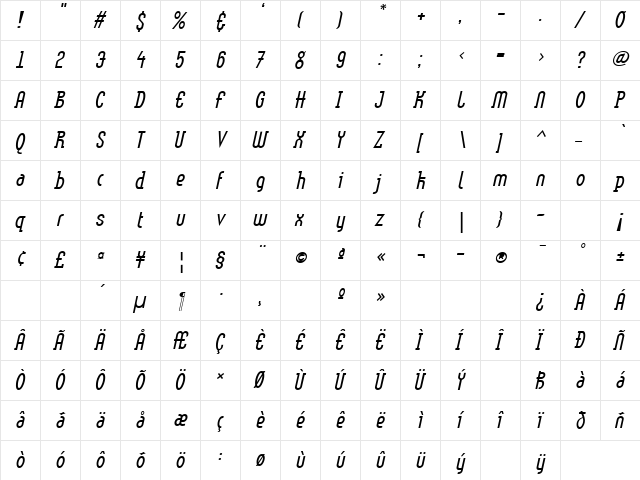 LTMethod Light Oblique  glyph index