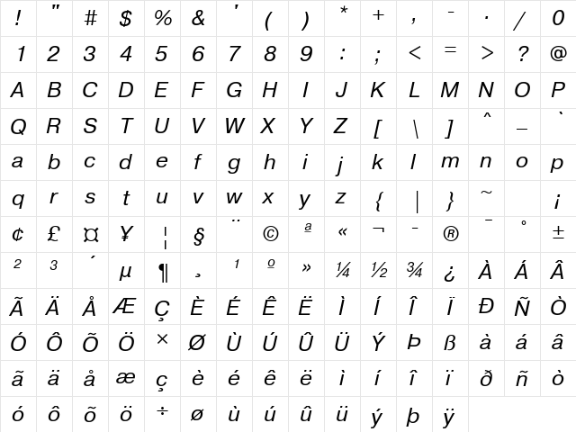 PragmaticaATT Italic  glyph index