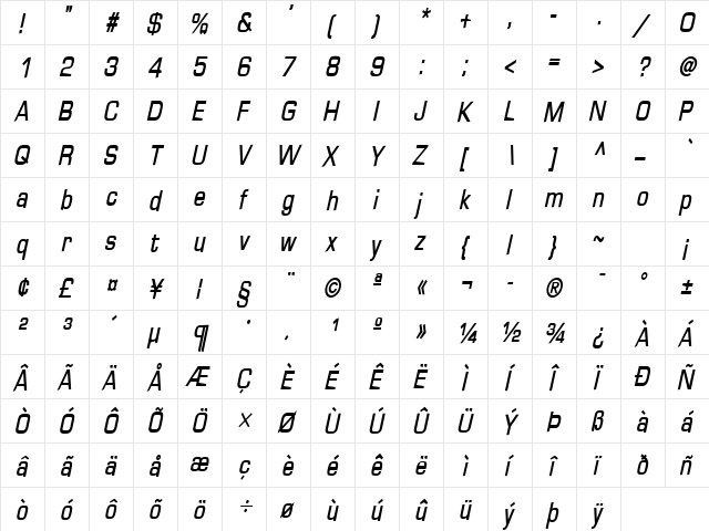 Eurasia-Condensed Bold Italic  glyph index